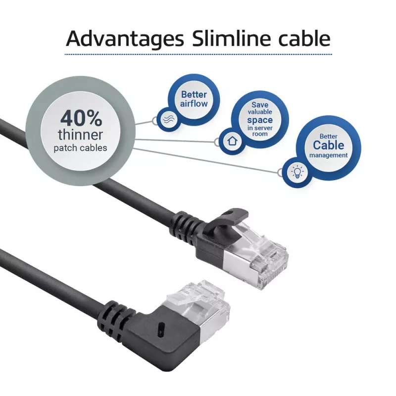 ACT juodas 0,5 m U/FTP CAT6A LSZH plonas komutacinis kabelis su RJ45 jungtimis, 90° kampuotas dešinėn į tiesią