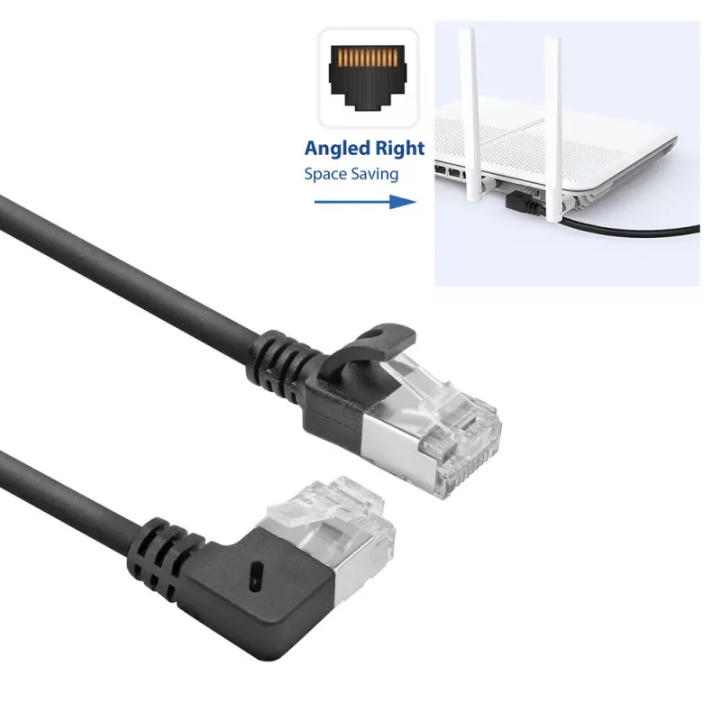 ACT juodas 2 m U/FTP CAT6A LSZH plonas komutacinis kabelis su RJ45 jungtimis, 90° kampu dešinėn į tiesią