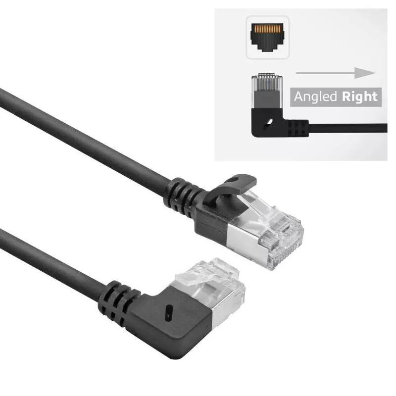 ACT Juoda 0,15 m U/FTP CAT6A LSZH Slimline komutacinis kabelis su RJ45 jungtimis 90° kampinė dešinė į tiesią