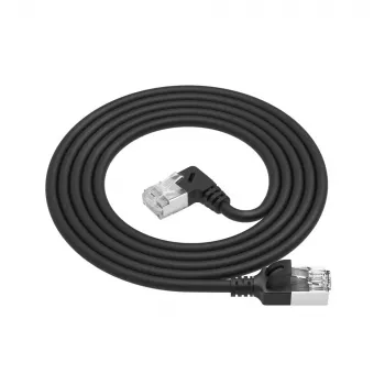 ACT juodas 0,25 metro U/FTP CAT6A LSZH plonas komutacinis kabelis su RJ45 jungtimis, 90° kampuota dešinėn į tiesią