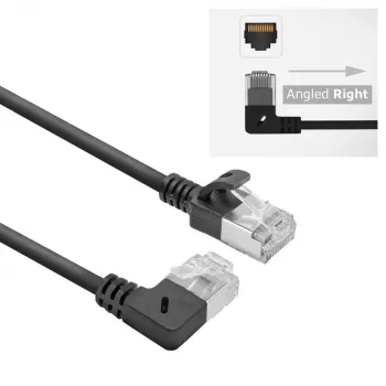 ACT juodas 0,25 metro U/FTP CAT6A LSZH plonas komutacinis kabelis su RJ45 jungtimis, 90° kampuota dešinėn į tiesią