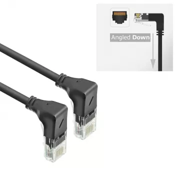 ACT juodas 3 metrų U/UTP CAT6A LSZH plonas komutacinis kabelis su RJ45 jungtimis 90° kampu žemyn į 90° kampu žemyn