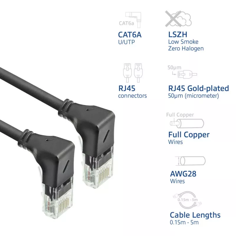 ACT juodas 3 metrų U/UTP CAT6A LSZH plonas komutacinis kabelis su RJ45 jungtimis 90° kampu žemyn į 90° kampu žemyn