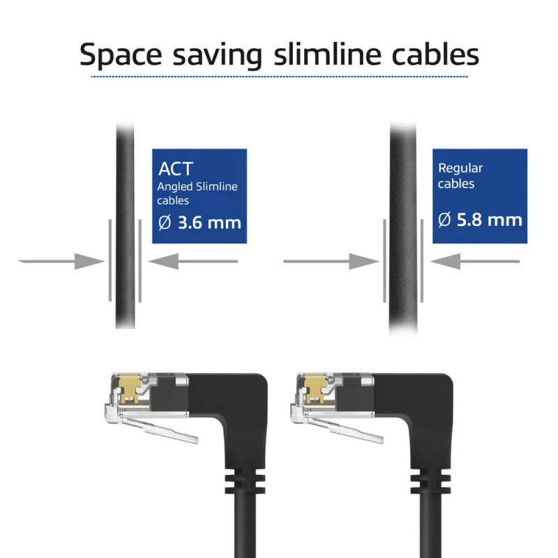 ACT, juodas, 1,5 metro, U/UTP CAT6A LSZH plonas komutacinis kabelis su RJ45 jungtimis 90° kampu žemyn į 90° kampą žemyn