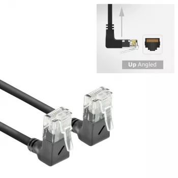 ACT juodas 1,5 metro U/UTP CAT6A LSZH plonas komutacinis kabelis su RJ45 jungtimis 90° kampu į viršų iki 90° kampu į viršų