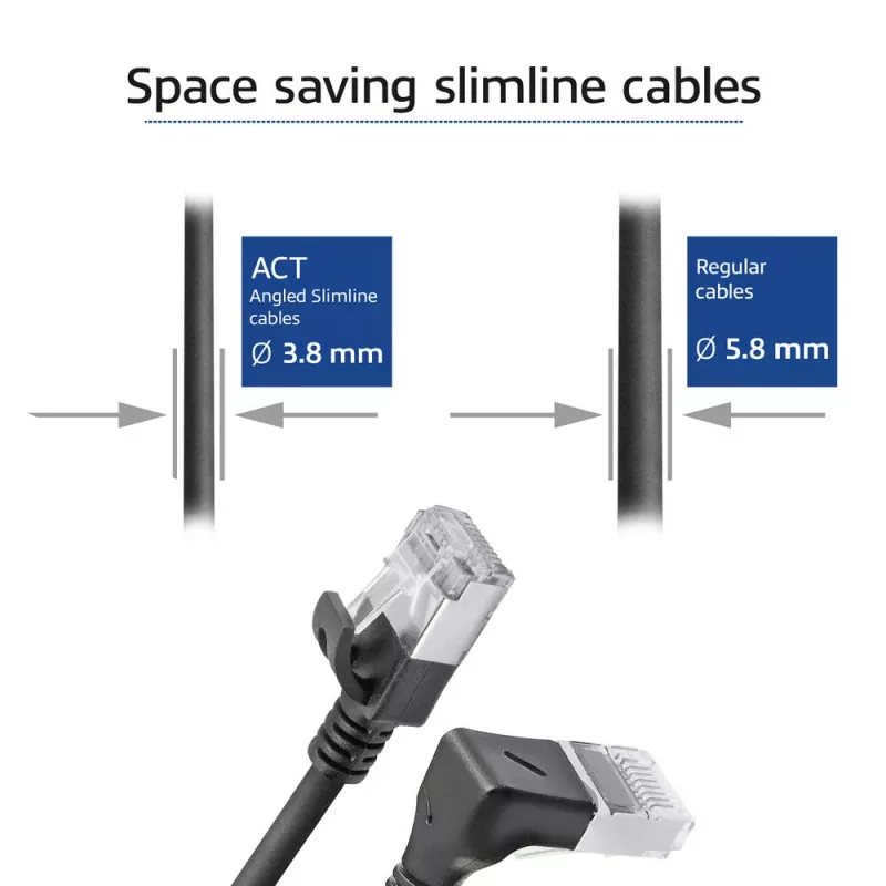 ACT juodas 2 m U/FTP CAT6A LSZH plonas komutacinis kabelis su RJ45 jungtimis 90° kampu žemyn tiesiai
