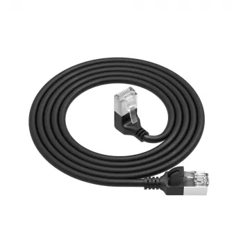 ACT Juoda 3 m U/FTP CAT6A LSZH plonas komutacinis kabelis su RJ45 jungtimis 90° kampu žemyn į tiesią