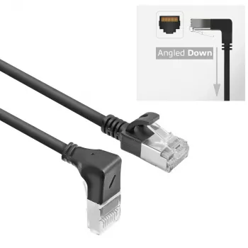 ACT Juoda 3 m U/FTP CAT6A LSZH plonas komutacinis kabelis su RJ45 jungtimis 90° kampu žemyn į tiesią