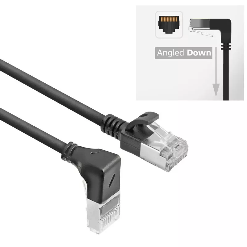 ACT Juoda 3 m U/FTP CAT6A LSZH plonas komutacinis kabelis su RJ45 jungtimis 90° kampu žemyn į tiesią