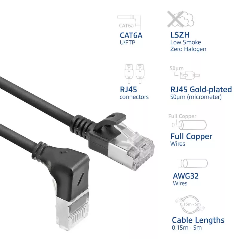 ACT Juoda 3 m U/FTP CAT6A LSZH plonas komutacinis kabelis su RJ45 jungtimis 90° kampu žemyn į tiesią