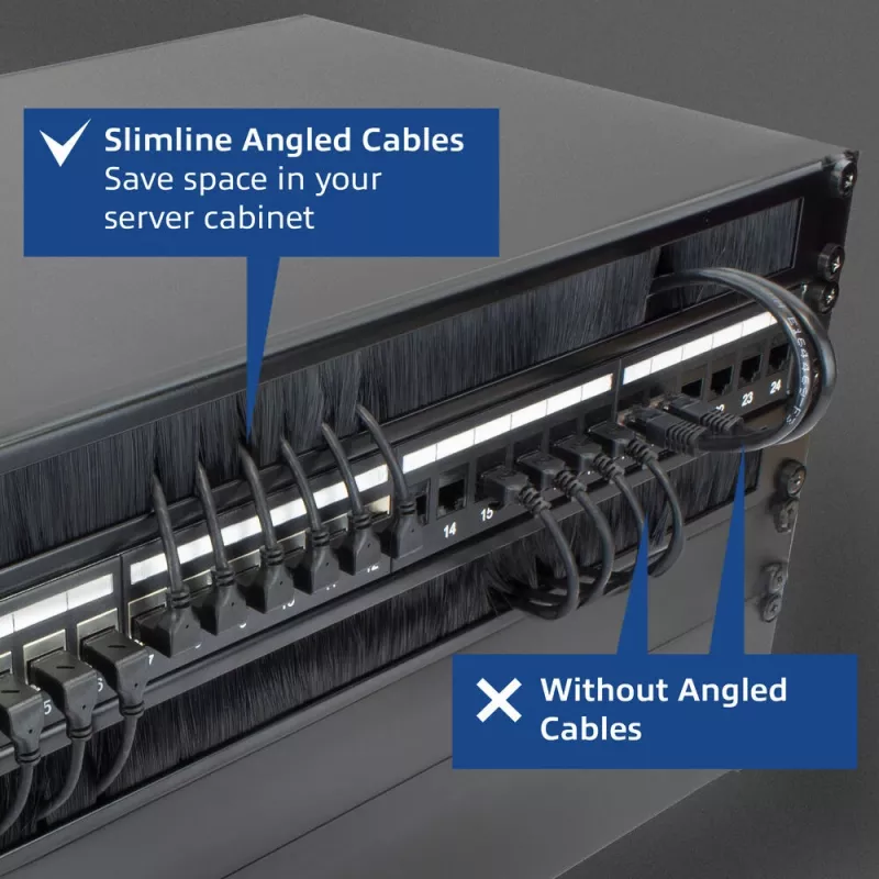 ACT juodas 5 m U/FTP CAT6A LSZH plono profilio komutacinis kabelis su RJ45 jungtimis 90° kampu žemyn į tiesią