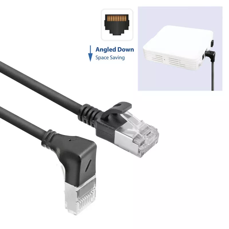 ACT juodas 1,5 m U/FTP CAT6A LSZH plonas komutacinis kabelis su RJ45 jungtimis 90° kampu žemyn tiesiam