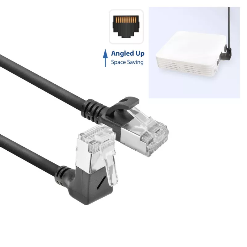 ACT Juoda 0.15 m U/FTP CAT6A LSZH Slimline komutacinis kabelis su RJ45 jungtimis 90° kampu žemyn į 90° kampu žemyn
