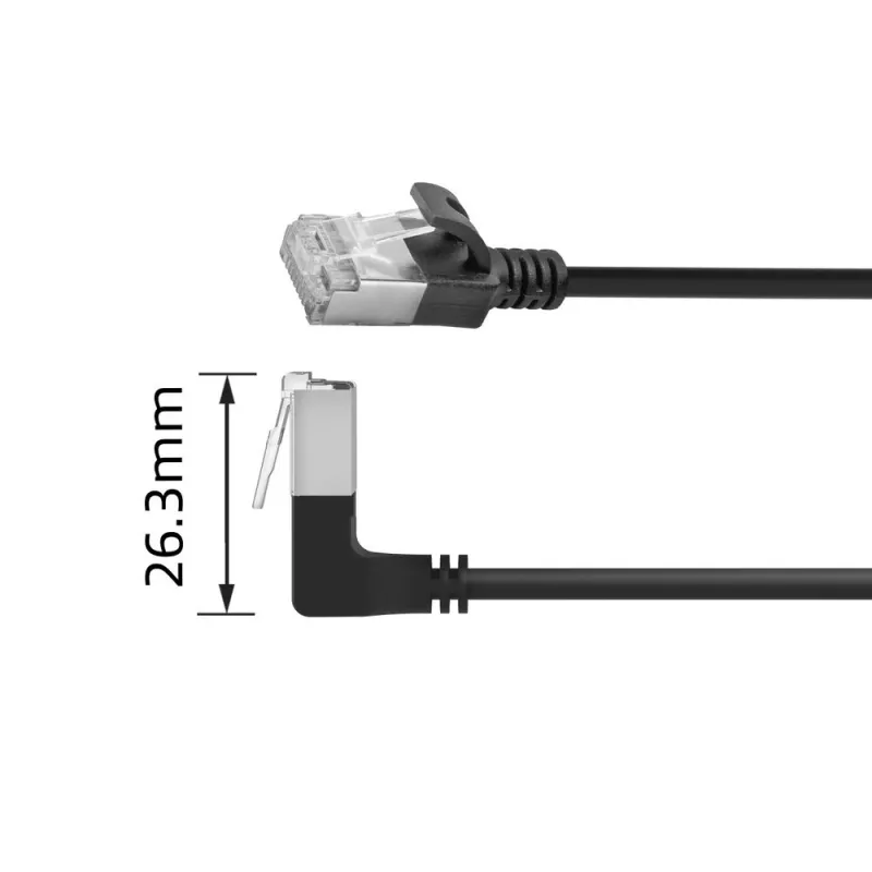 ACT Juoda 0.15 m U/FTP CAT6A LSZH Slimline komutacinis kabelis su RJ45 jungtimis 90° kampu žemyn į 90° kampu žemyn