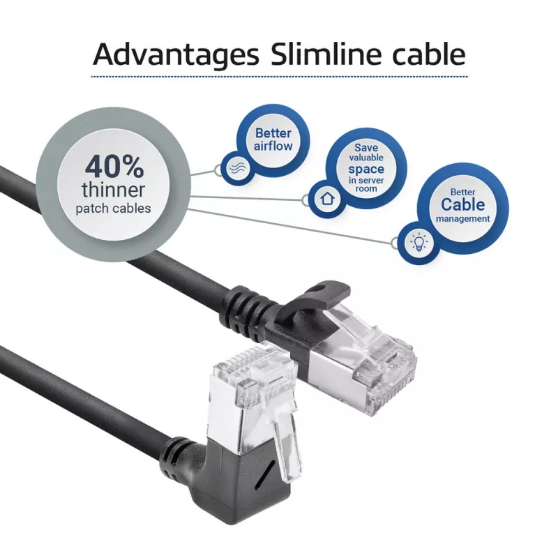 ACT Juoda 0.15 m U/FTP CAT6A LSZH Slimline komutacinis kabelis su RJ45 jungtimis 90° kampu žemyn į 90° kampu žemyn