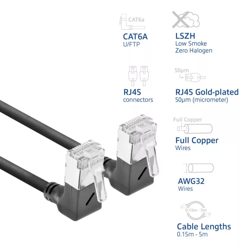 ACT tinklo kabelis DA6905 Cat6a U/FTP (STP) juodas, 5 m, RJ-45 į RJ-45, paauksuoti kontaktai