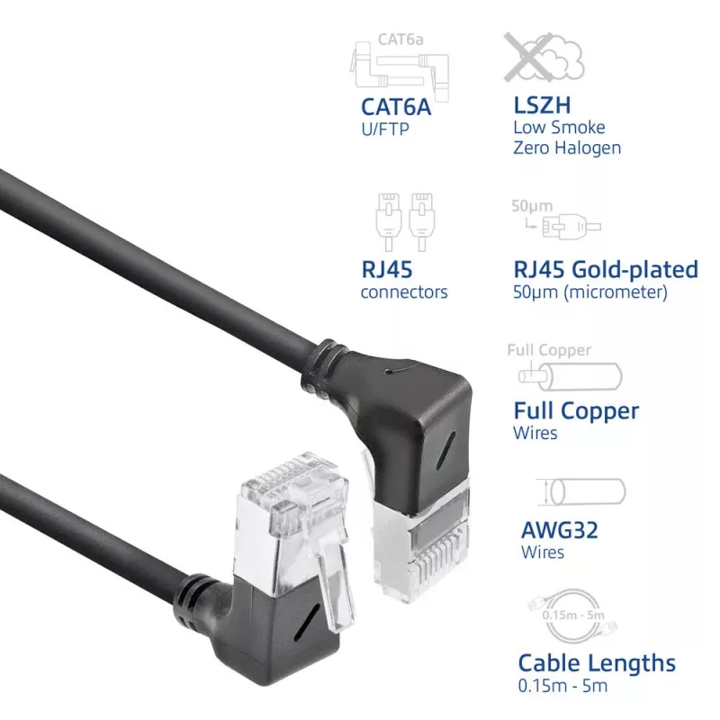 Tinklo kabelis ACT DA7952 Cat6a U/FTP (STP) juodas 0,25 m su RJ-45 jungtimis, paauksuotais kontaktais