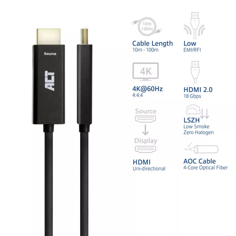 ACT HDMI 2.0 aktyvus optinis kabelis 30 m – „Premium High Speed 4K“, HDMI-A kištukas į HDMI-A kištuką, 18 Gbit/s, LSZH