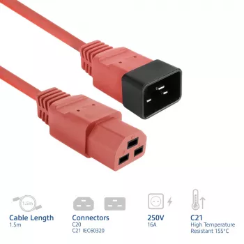 Maitinimo laidas ACT C20–C21 IEC60320 raudonas 1,5 m, 250 V 16 A