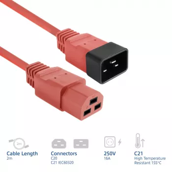 Maitinimo laidas ACT C20–C21 IEC60320 raudonas 2 m, 16 A 250 V