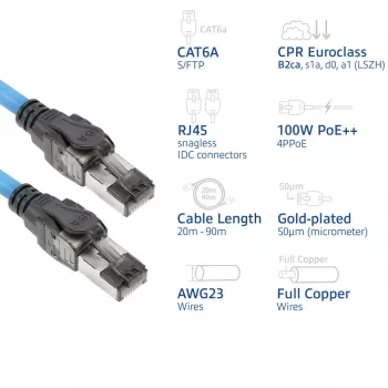 ACT 85 m S/FTP CAT6A B2ca PoE++ 100W vientisas surenkamasis instaliacinis kabelis, RJ45 kištukas – kištukas