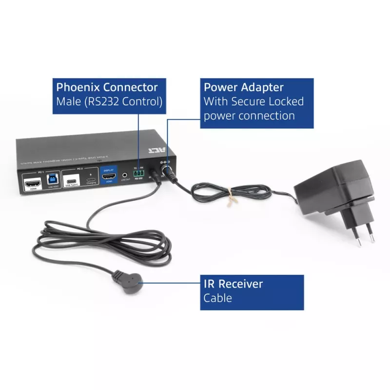 KVM jungiklis ACT 2 prievadų USB-C/HDMI 4K@60Hz AC7922 su USB klaviatūra/pele, HDMI vaizdu, 100 W PD