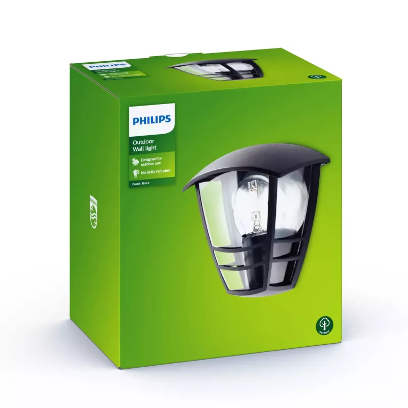 Philips myGarden Creek sieninis šviestuvas 60W E27 be lemputės, lauko sieninis apšvietimas, juoda, metalinė, IP44, sodas, terasa, II