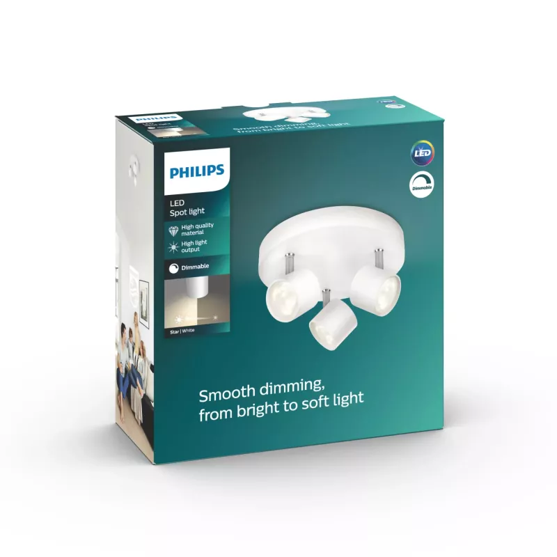 Lubinis/sieninis prožektorius Philips Dimmable LED Star 3x 16,5 W, 2700 K, 1500 lm, IP20, balta