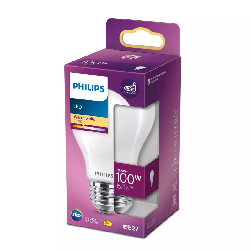 LED kaitrinė lemputė Philips A60 E27 10,5 W (atitinka 100 W), 1521 lm, 2700 K, matinė, 15 000 val.