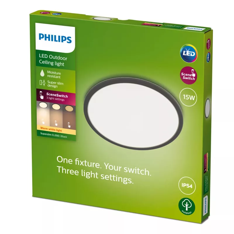Philips Superslim lubinis šviestuvas 15W, juodas, metalas, plastikas, IP54, terasa, sodas, II, šiuolaikiškas