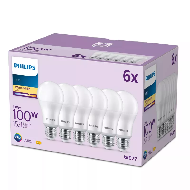 Philips Lemputė 100W A65 E27 x6, 13 W, 100 W, E27, 1521 lm, 15000 h, Šiltai balta