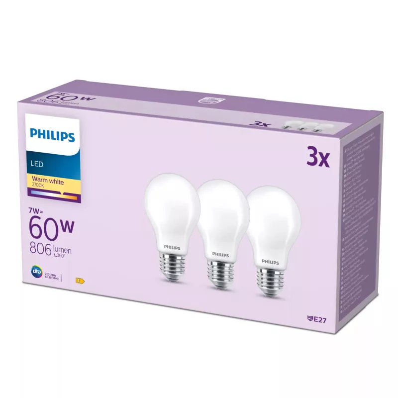 Philips kaitinamoji lemputė matinė 60W A60 E27 x3, 7 W, 60 W, E27, 806 lm, 15000 h, šilta balta