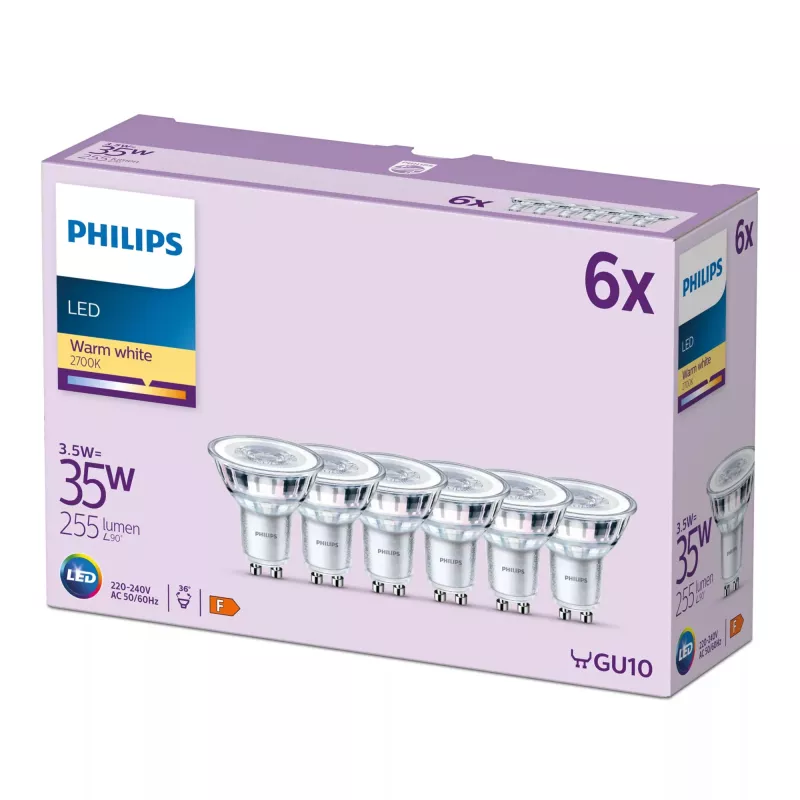 Philips Spot 35W PAR16 GU10 x6, 3,5 W, 35 W, GU10, 255 lm, 15000 val., šilta balta