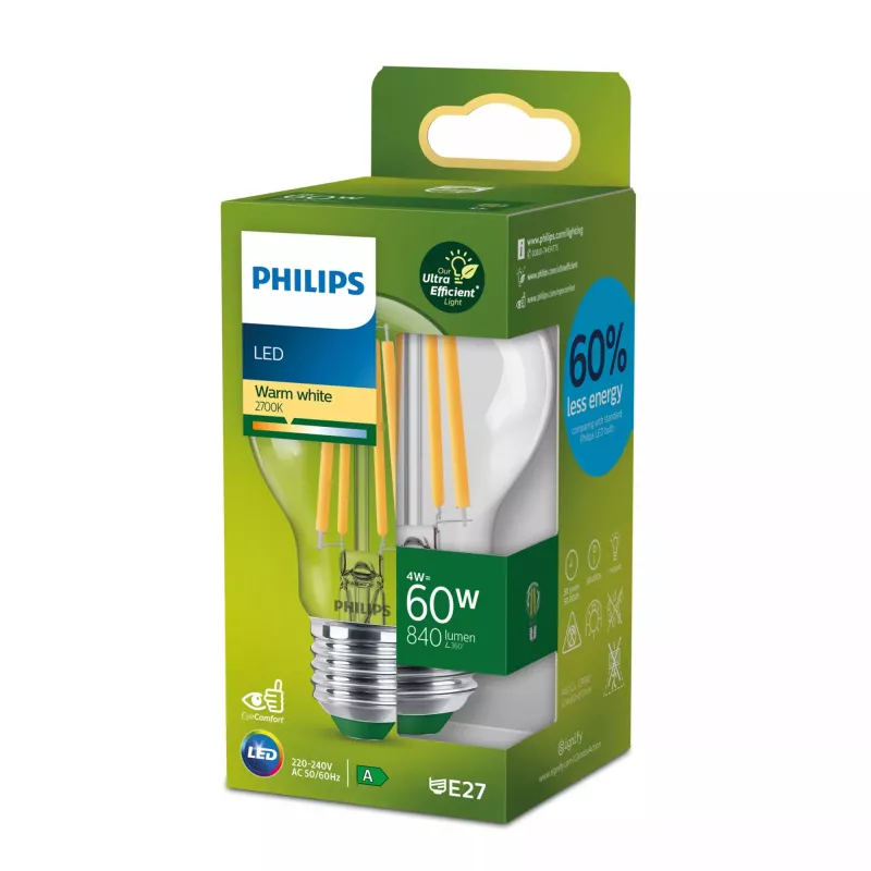 Philips kaitrinė lemputė skaidri 60W A60 E27, 4 W, 60 W, E27, 840 lm, 50000 h, šiltai balta