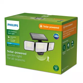Apsauginis apšvietimas Philips Securit 8.7W LED saulės energija 5000K, 4V baterija, juodas plastikinis korpusas