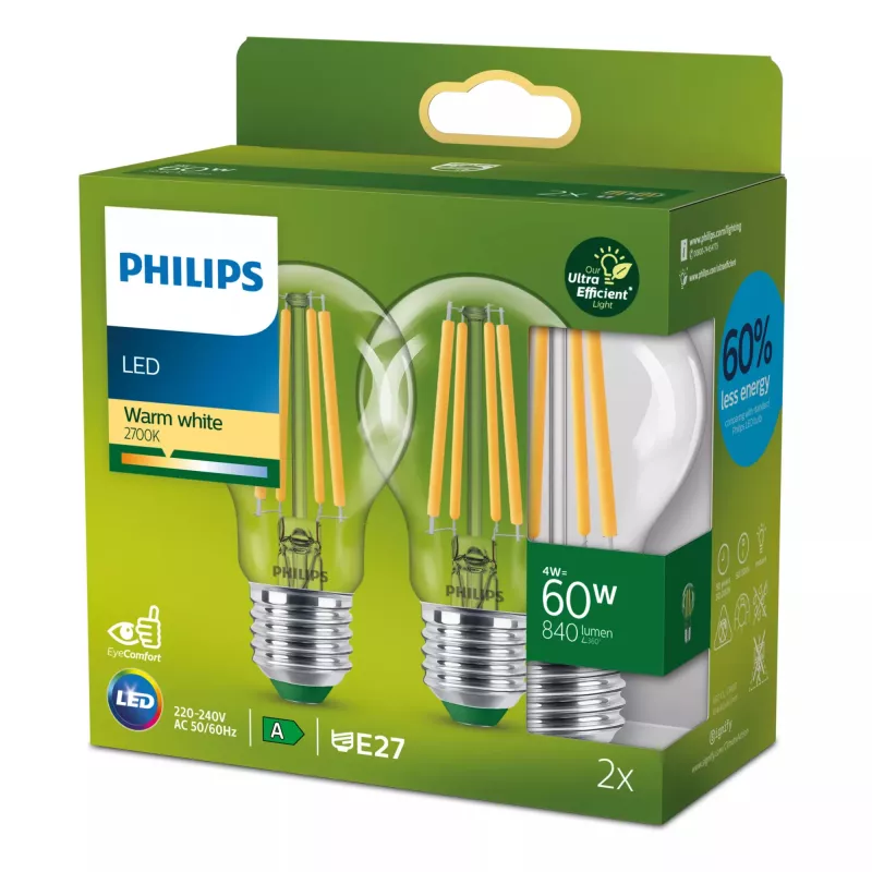 Philips filamentinė lemputė skaidri 60W A60 E27 x2, 4 W, 60 W, E27, 840 lm, 50000 h, šilta balta