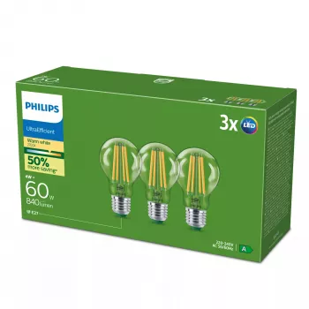LED lemputė Philips Classic 60W ekvivalentas, E27 skaidri šilta balta, 3 vnt. pakuotė, energijos klasė A