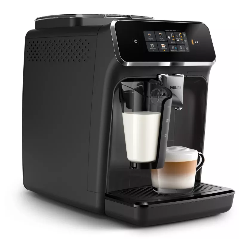 Espresso aparatas Philips EP2334/10 – visiškai automatinis, pastatomas ant stalviršio, integruotas keraminis malūnėlis, pieno talpykla, AquaClean filtras, jutiklinis ekranas, juodas