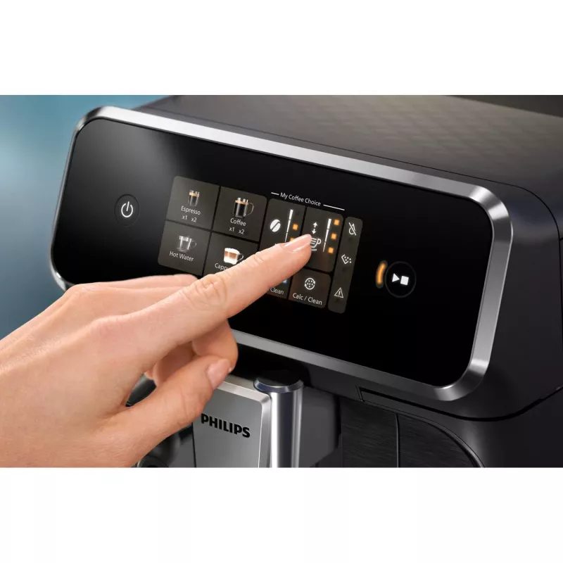 Espresso aparatas Philips EP2334/10 – visiškai automatinis, pastatomas ant stalviršio, integruotas keraminis malūnėlis, pieno talpykla, AquaClean filtras, jutiklinis ekranas, juodas