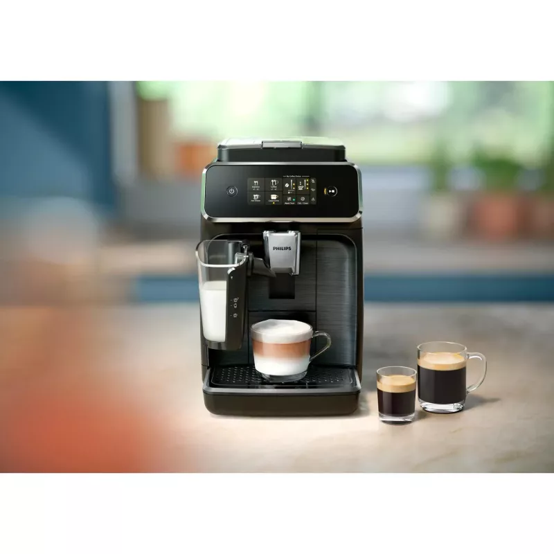 Espresso aparatas Philips EP2334/10 – visiškai automatinis, pastatomas ant stalviršio, integruotas keraminis malūnėlis, pieno talpykla, AquaClean filtras, jutiklinis ekranas, juodas