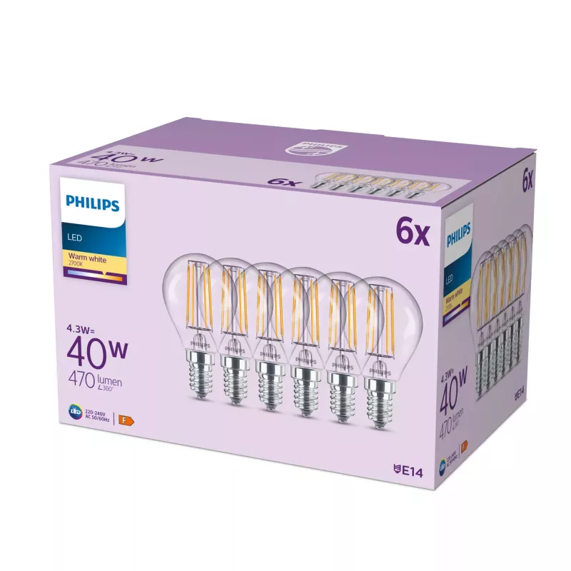 Philips Filament Candle Clear 40W P45 E14 x6, 4,3 W, 40 W, E14, 470 lm, 15000 val.
