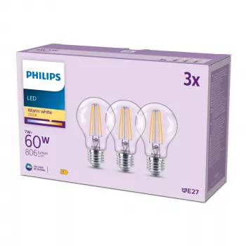 Philips kaitrinė lemputė skaidri 60 W A60 E27 x3, 7 W, 60 W, E27, 806 lm, 15000 h, šilta balta
