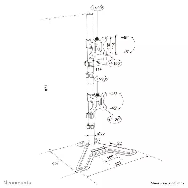 Neomounts dviejų monitorių stovas DS45-600BL2V 2 ekranams 10–32 col., VESA 75x75–100x100, maks. apkrova 9 kg, laisvai stovintis, juodas