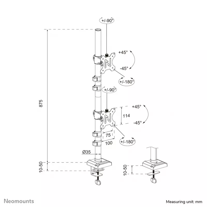 Neomounts DS60-600BL2V dvigubas monitoriaus laikiklis 10-32 col., spaustuvas / kiauryminis, 9 kg, 25,4 cm (10 col.), 81,3 cm (32 col.), 100 x 100 mm, juodas
