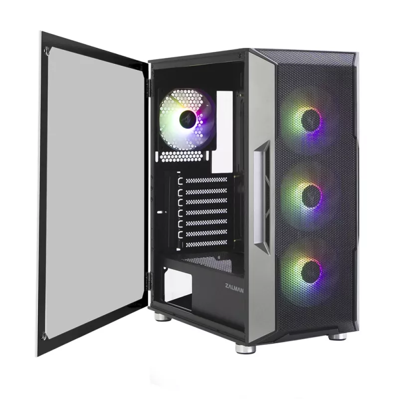 Zalman I3 Neo ATX vidutinio dydžio bokšto PC korpusas su tinkliniu priekiu efektyviam aušinimui, iš anksto sumontuoti 3 ventiliatoriai, Midi bokštas, juodas