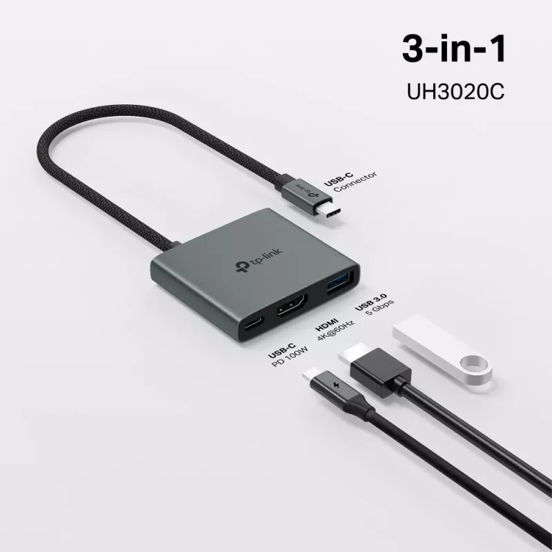 TP-Link UH3020C sąsajos šakotuvas USB Type-C 5000 Mbit/s Pilka