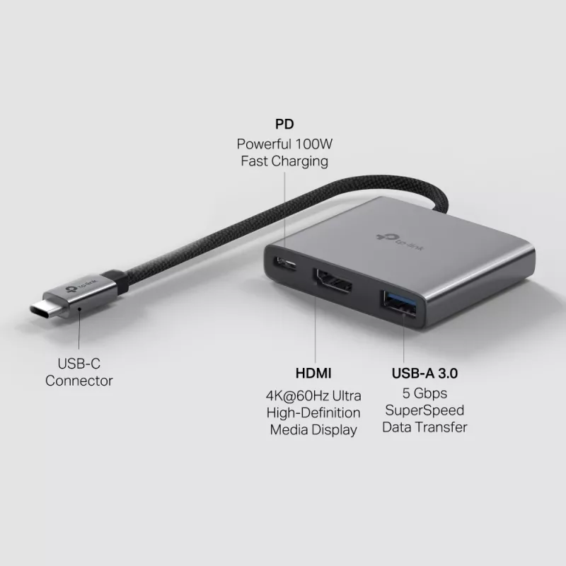 TP-Link UH3020C sąsajos šakotuvas USB Type-C 5000 Mbit/s Pilka