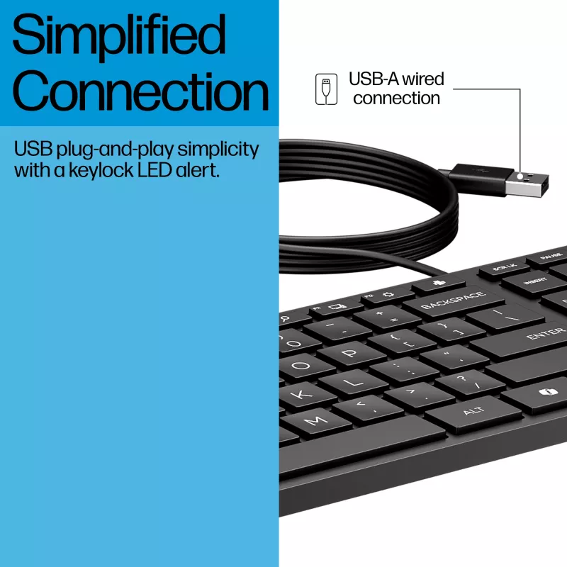 Laidinė klaviatūra HP 320K — pilno dydžio USB, tiesus išdėstymas, 1,8 m laidas, juoda