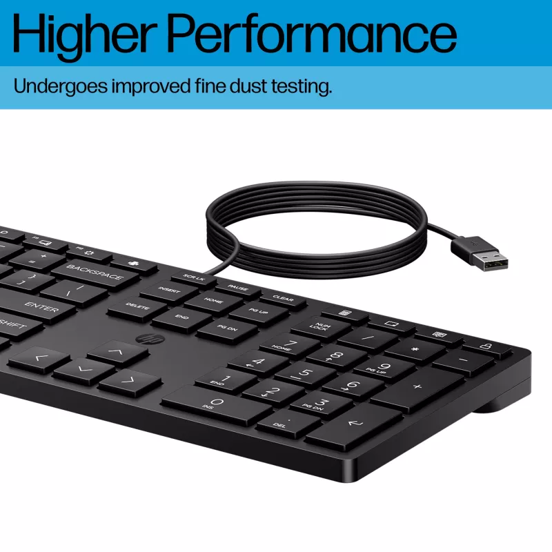 Laidinė klaviatūra HP 320K — pilno dydžio USB, tiesus išdėstymas, 1,8 m laidas, juoda