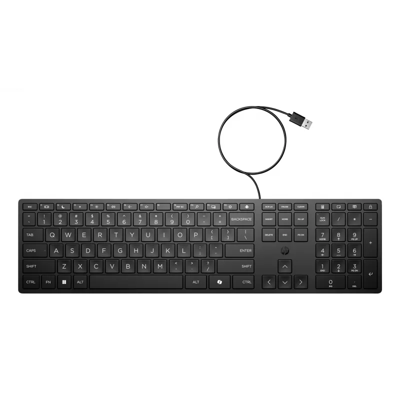 Laidinė klaviatūra HP 320K — pilno dydžio USB, tiesus išdėstymas, 1,8 m laidas, juoda